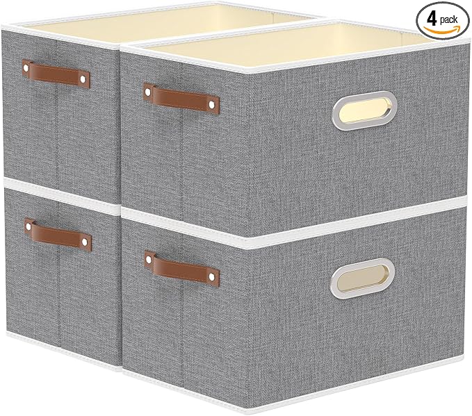 Yawinhe Foldable Storage Baskets for Shelves,16.9x11.8x10.2in,Grey,4-Pack | Collapsible Storage Bins for Towels, Container with Leather Handle for Organization, Fabric Rectangle Boxes for Home
