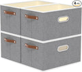 Yawinhe Foldable Storage Baskets for Shelves,16.9x11.8x10.2in,Grey,4-Pack | Collapsible Storage Bins for Towels, Container with Leather Handle for Organization, Fabric Rectangle Boxes for Home