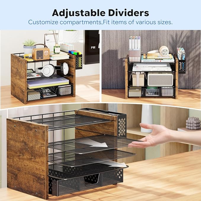 Simple Trending 5-Tier Wood Desk Organizer with Drawer & Pen Holder | 9"L x 12.75"W x 9.75"H. 4 trays + drawer + pen holder. Natural wood + metal. Fits letter-size. Easy assembly. 24h support.