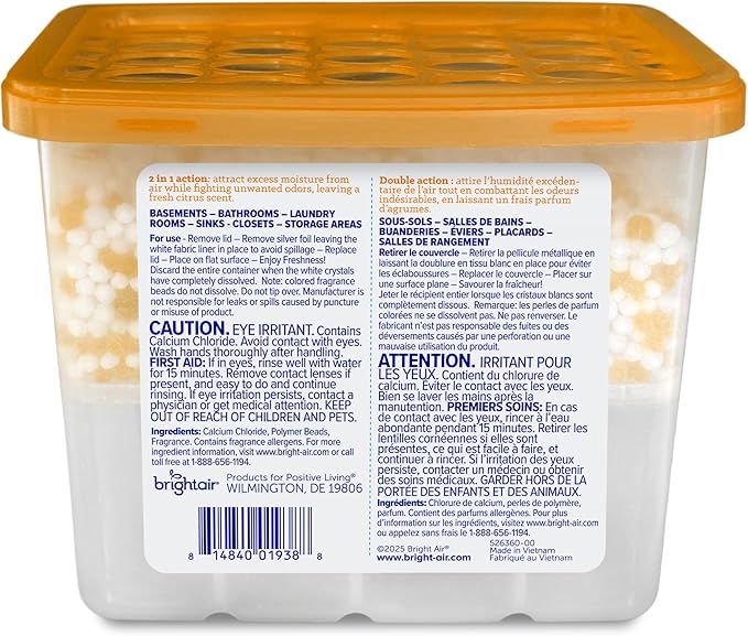 Bright Air Mandarin Orange & Fresh Lemon, 2-in-1 Moisture Absorber & Odor Eliminator, Case of 4, Lasts up to 60 Days Each