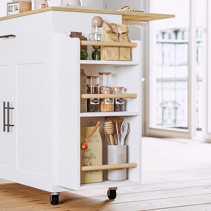 IRONCK Kitchen Island with Storage, Charging Station and Drop Leaf, White | Wheels, Drawers, Open Shelves, Drawer Storage, Everyday Home Use