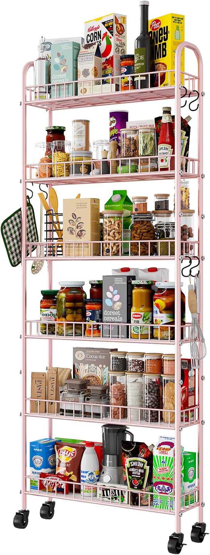 6 Tier Slim Rolling Storage Cart with Wheels, Metal Mobile Shelving Unit Organizer Utility Cart for Office Bathroom Kitchen Laundry Room Narrow Places (Pink 6 Inches)