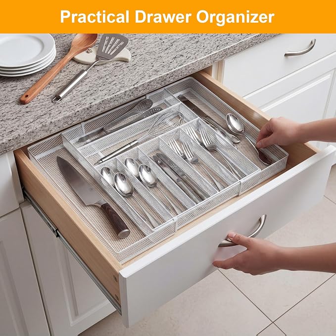 1 Pcs Utensil Drawer Silverware Organizer, Metal Mesh Expandable 13" 24" Kitchen Drawer Organizer, 7-9 Slots Cutlery Tray Dividers for Kitchen Flatware Christmas Housewarming Gift (White)