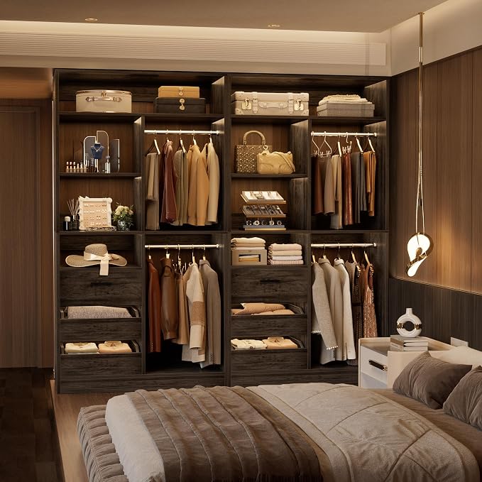 Besiost 36 Inches Modular Closet Drawers System, 3FT Wood Closet Organiser with Closed & Half-Open Drawers, Walk-in Freestanding Wardrobe Storage Cabinet with 6 Shelves, Oak (36" L x 15" W x 80" H)
