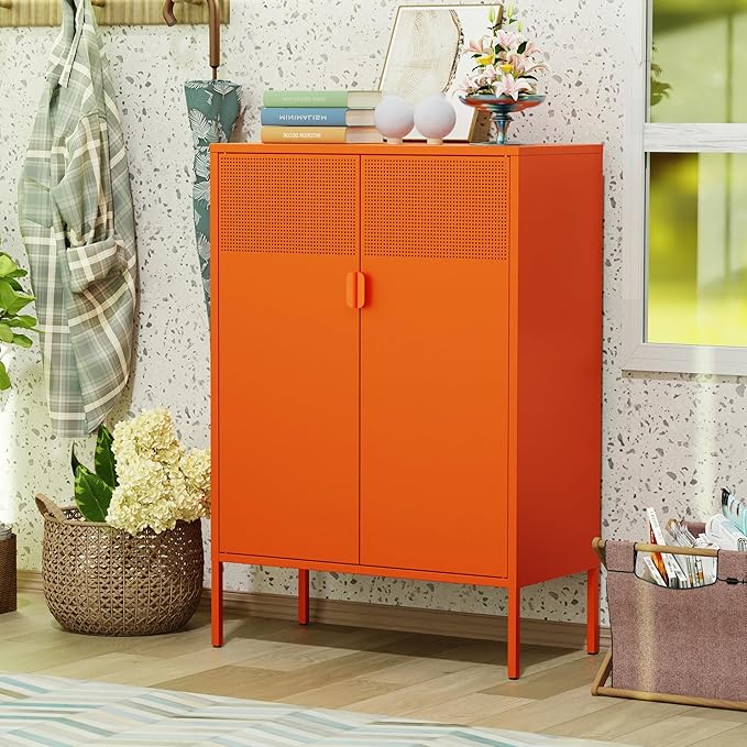 Washsemba 2 Mesh Door Metal Cabinet with Adjustable Shelves, Multipurpose Orange Storage Cabinet, 3-Tier,Metal Storage Cabinet for Office Home,Hallway(Orange, 47''H)