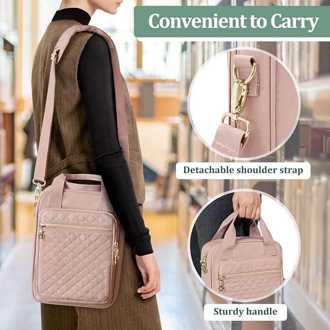 Teamoy Journal Supplies Storage Case, Planner Bag with Pen Slots, Pink | Quilted Stationery Bag with Shoulder Strap, Travel Organizer Holder for B5 Notebooks, Planner, Pens, and Journal Accessories