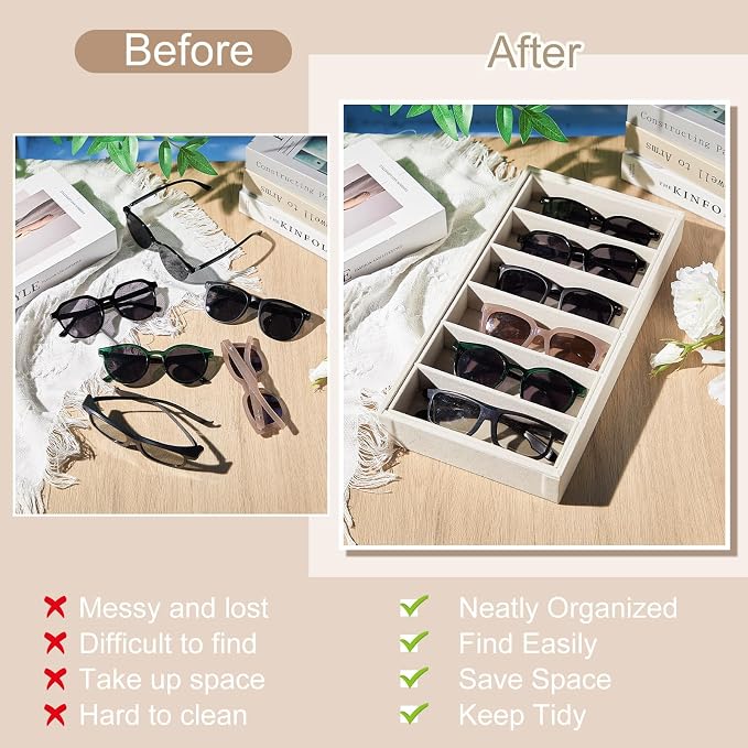 Juexica 4 Pcs Velvet Sunglasses Organizer Tray 6 Grid Sunglass Organizer Velvet Tray Stackable Glasses Display Case for Women Glasses Jewelry Display Watch (Beige)
