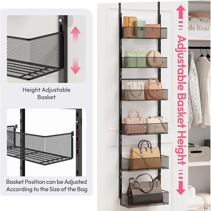 SWTYMIKI Over The Door Purse Organizer - Wall Mounted Purse Rack with 6 Adjustable Metal Basket, Hanging Bag Rack for Handbag Organizer, Bag Storage Can Use As 1/2 Part, for Door