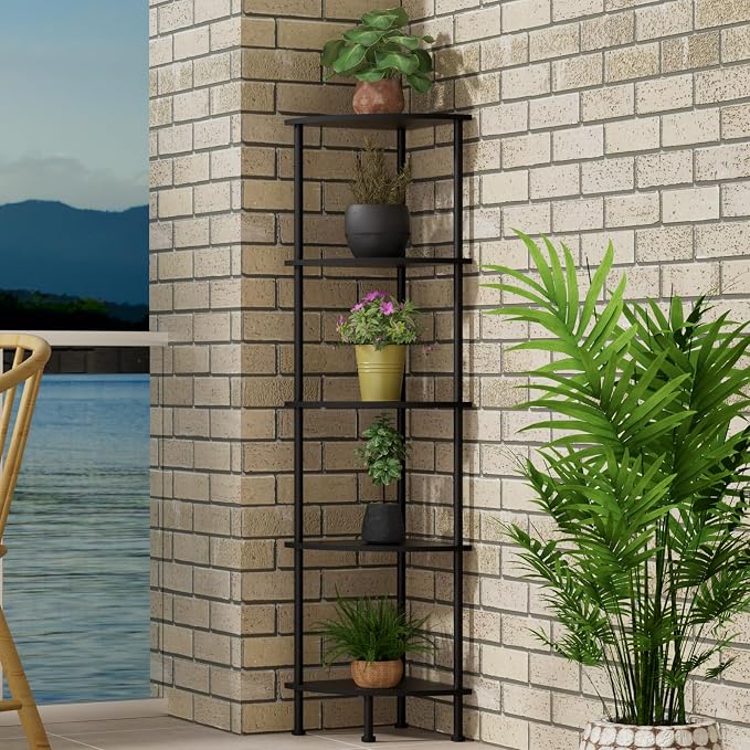 5-Tier Corner Shelf Stand, 52" Industrial Corner Display Rack for Living Room, Bookshelf, Tall Display Shelf, Plant Stand, Storage Standing Shelf for Bedroom, Bathroom, Kitchen, Black
