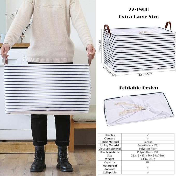 Hinwo 70L Extra Large Storage Bins, Closet Organizers and Storage, Foldable Clothes Storage Baskets with Handles, Containers for Clothing, Blanket, Comforters, Toys, Bedding (White)
