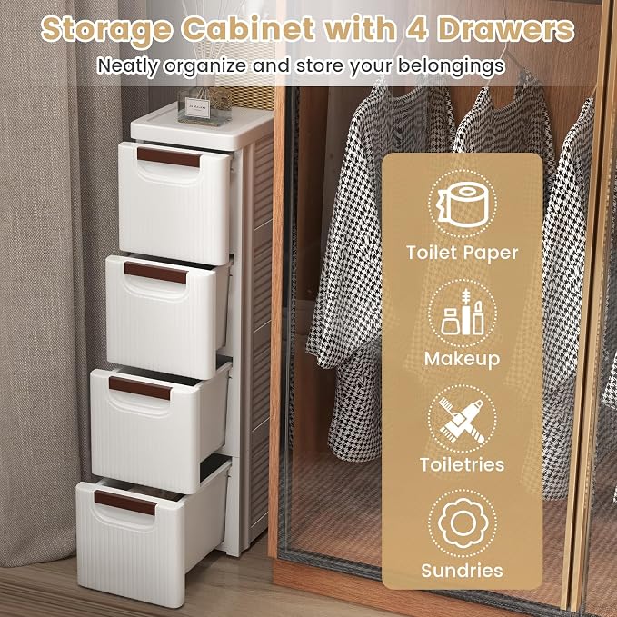 LOKO 4-Drawer Narrow Storage Cabinet, Slim Rolling Cart (7.5"x16.5"x29.5") | Mobile Plastic Cart Container | Pull Handles & Built-in Wheels | For Living Room, Kitchen, Bathroom, Office