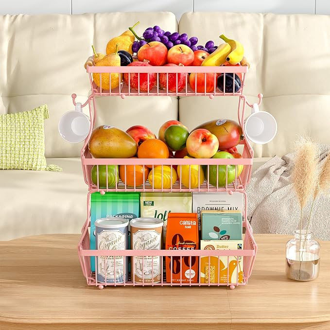 3 Tier Fruit Basket for Kitchen Counter with 2 Banana Hangers, Countertop Metal Fruit Bowl with Wooden Handle, Large Storage Stand for Vegetables, Snacks, Breads, Produce Storage – Pink