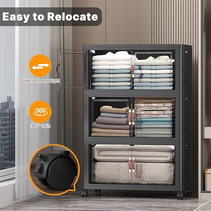 UAMFURI Stackable Storage Bins with Lids, Extra Large Plastic Organizer Cabinet Drawers, 672QT Collapsible Closet Containers with Doors and Wheels,For Bedroom, Kitchen, Office, Garage,(6Pack Cube)