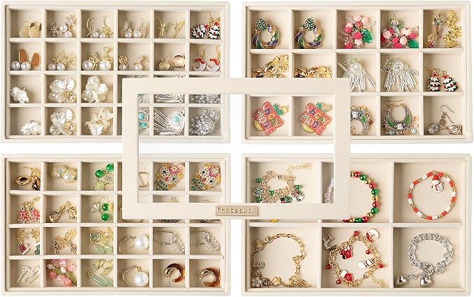 Frebeauty Stackable Jewelry Trays,Set of 4 Jewelry Organizer for Drawer | Glass Lid,Removable Dividers,Stackable Design,Velvet Material,Drawer Inserts,Earring Organizer,Jewelry Box for Rings Bracelet