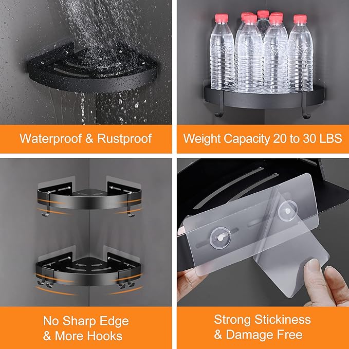 DUFU Adhesive Corner Shower Caddy with Hooks, Black, 2 Pack | Bathroom Shower Organizer, No Drilling, Rust Proof Aluminum Shower Shelf For Inside Shower