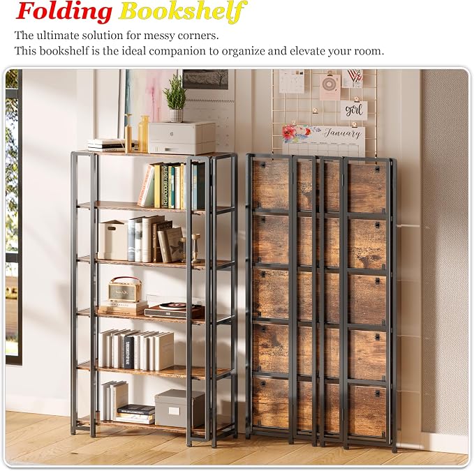 UDD 6 Tier Wide Folding Bookshelf No Tools Assembly, 55.5" H x 30.9" W, Foldable Book Shelf Vintage Collapsible Bookcase, Industrial Storage Shelves for Bedroom Office Living Room, Rustic Brown Black