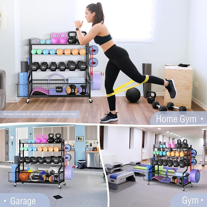 PLKOW Dumbbell Rack, Weight Rack for Dumbbells, Home Gym Storage for Dumbbells Kettlebells Yoga Mat and Balls, All in One Workout Storage with Wheels and Hooks, Powder Coated Finish Steel