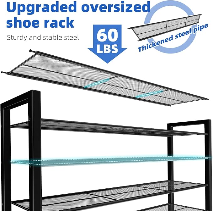 Simple Trending 12 Tier Shoe Rack Holds 60 Pairs, Sturdy Tall Shoe Organizer, Heavy Duty Large Metal Stackable Shoe Shelf for Entryway, Closet, Bedroom, Black
