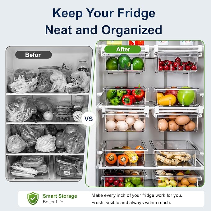 Fridge Drawer Organizer Pull-Out Under Shelf Bin, Adjustable Dividers | BPA-Free Clear Space-Saving Storage