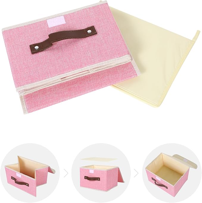 ANMINY 2PCS Storage Bins with Lid PU Leather Handles Storage Boxes PP Plastic Board Decorative Foldable Lidded Cotton Linen Fabric Home Cubes Baskets Closet Organizer Containers - Pink, Small Size