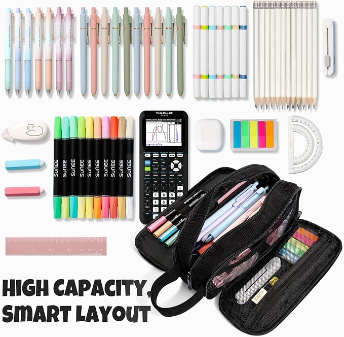 SUNEE Large Capacity Pencil Case with 3 Compartment, Extra Big Pencil Pouch, Pencil Bag with Zipper, Cute Stationery Organizer, Soft Corduroy Pen Box School Supplies for Student Girls Boys, Jet Black
