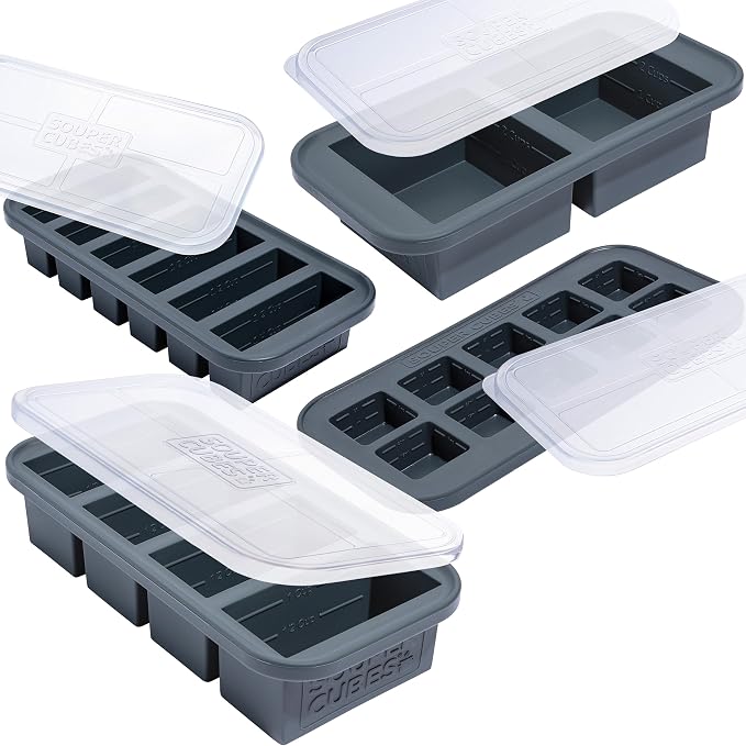 Souper Cubes Silicone Freezer Molds Gift Set, Charcoal | 2 Tbsp, 1/2 Cup, 1 Cup and 2 Cup Silicone Molds for Food Set, Perfect for Freezing Soup, Grains, Proteins, Herbs and More