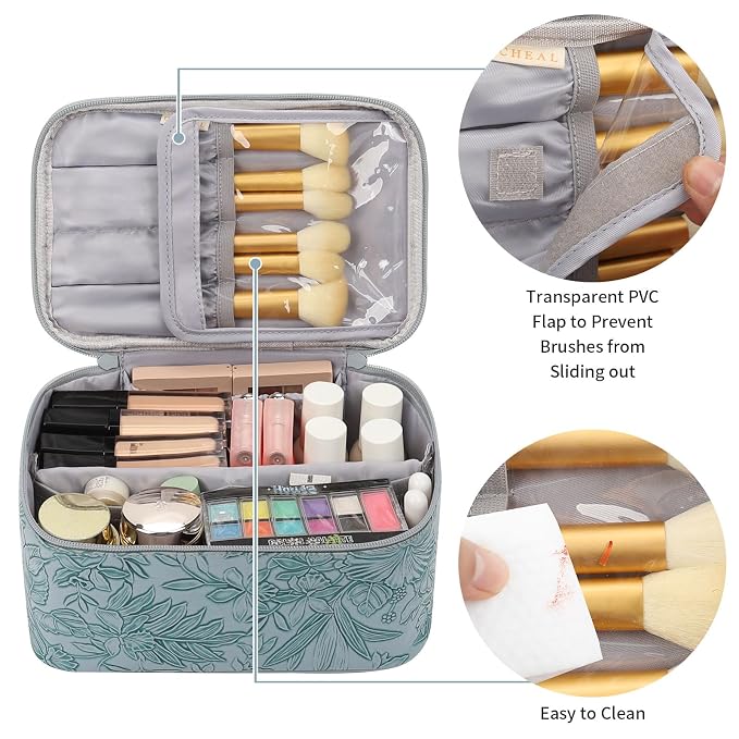 OCHEAL Makeup Bag for Women - Travel Cosmetic Organizer with Brush Slot & Divider, Large Capacity Toiletry Bag for Girls, Travel Makeup Case for everyday Make up Accessories -Blue Floral