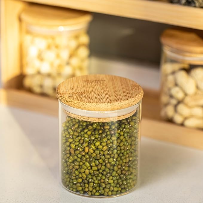 Basicwise Versatile 2-Tier Bamboo Spice Rack and Pantry Organizer with 6 Glass Jars – Perfect for Countertop Storage in Kitchens to Keep Seasoning Containers Neatly Displayed and Easily Accessible