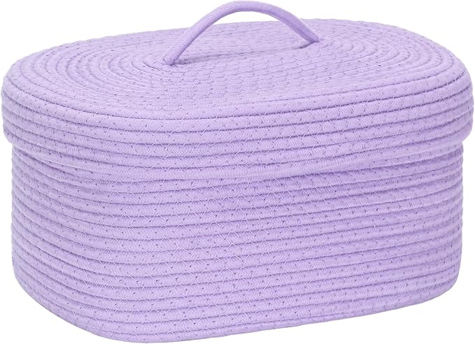 Sea Team Oval Cotton Rope Storage Basket with Lid, Lidded Woven Storage Bin, Nursery Storage Container, Diaper Caddy, Baby Shower Basket, Box, Organizer, 15 x 11 x 6.5 Inches (Medium, Lavender)