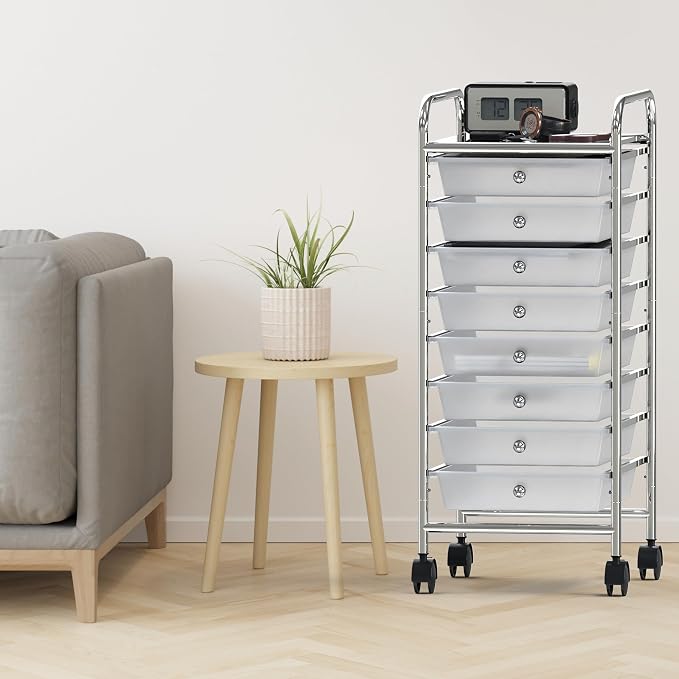 Simple Houseware 8 Drawers Rolling Utility Cart Art Craft Storage, Chrome | 1-Column, 30.25" Height, Lockable Wheels, for School, Office, Art Craft, and Paper Storage
