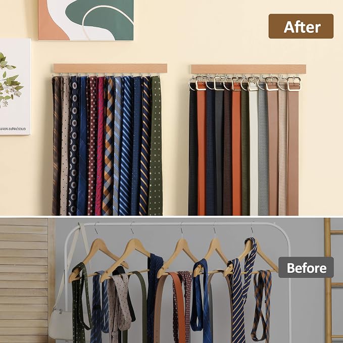 ZEDODIER 2 Pack Wodden Tie Hanger Wall Mounted, Space Saving Belt Organizer for Man with 24 180° Rotating Hooks, Space Saving Belt Storage Holder, Natural