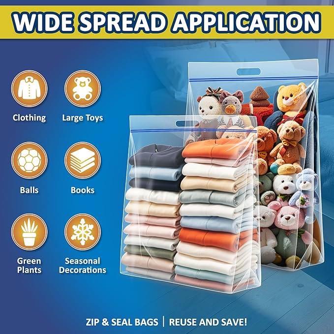 25 Gallon Extra Large Resealable Storage Bags with Zipper Top，35" x 24" Heavy Duty Clear Bags with Handles, 4 Mil Thick, Perfect for Clothing, Pillows, Travel, and Moving (5 Packs)