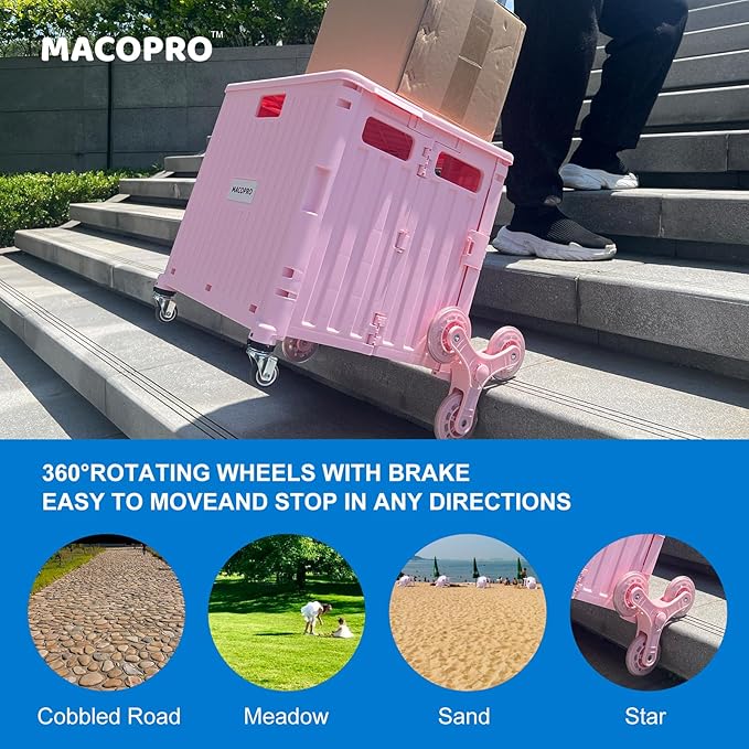 MACOPRO Foldable Utility Cart with Stair Climbing Wheels, Collapsible Rolling Crate with Telescoping Handle, Folding Shopping Trolley Handcart Grocery Book File Tool Teacher Storage Basket (Pink)