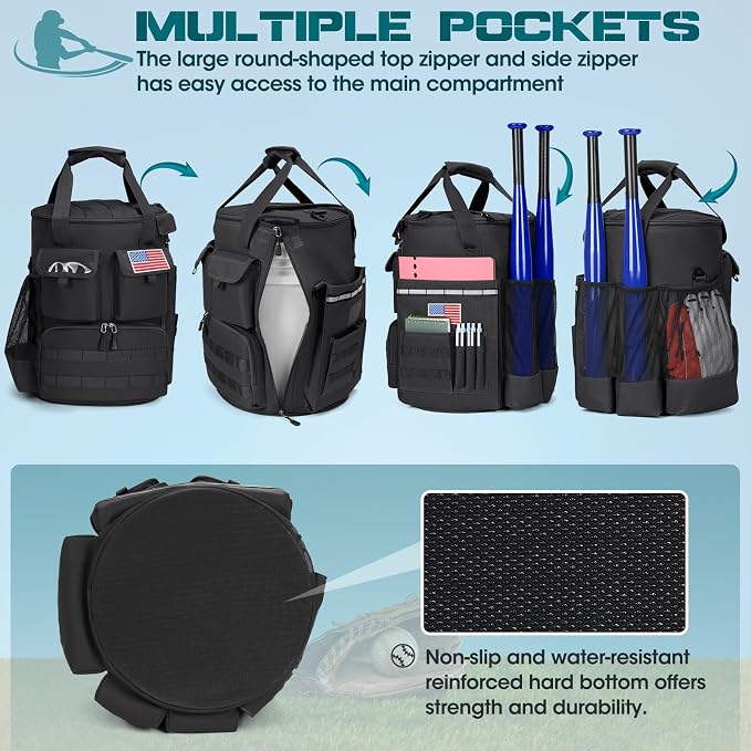 RAINSMORE Baseball Bucket Bag Baseball Coaches Accessories Organizer with Insulation Pocket Tactical Softball Bag with Anti-Slip Bottom, Multiple Pockets for Bat, Gloves, Scoreboards