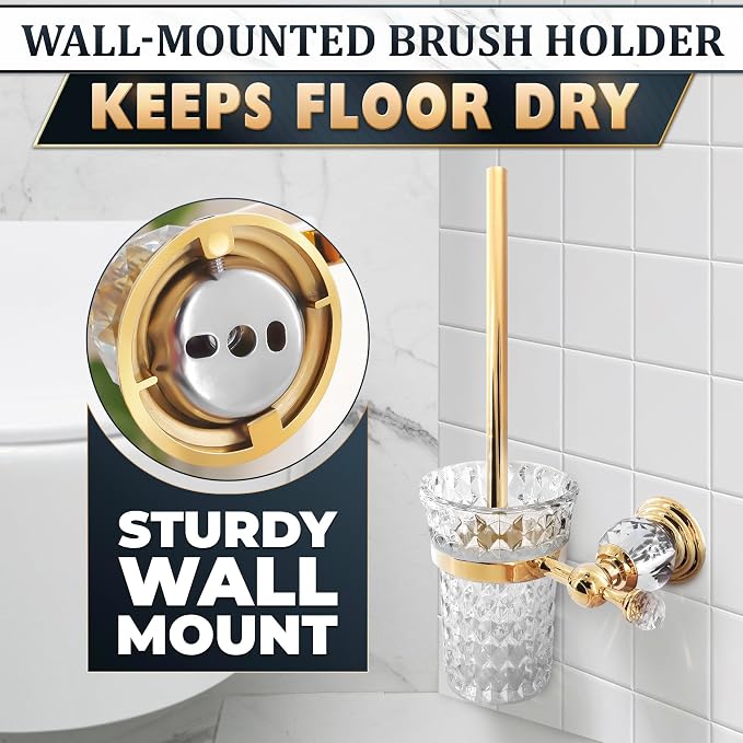 Toilet Brush and Holder Set, Wall Mounted, Clear Bowl (Gold Crystal) | Toilet Bowl Brush and Holder Set, Polished Gold Handle, Space-Saving Wall Mount, Stainless Steel Body, for Elegant Bathrooms