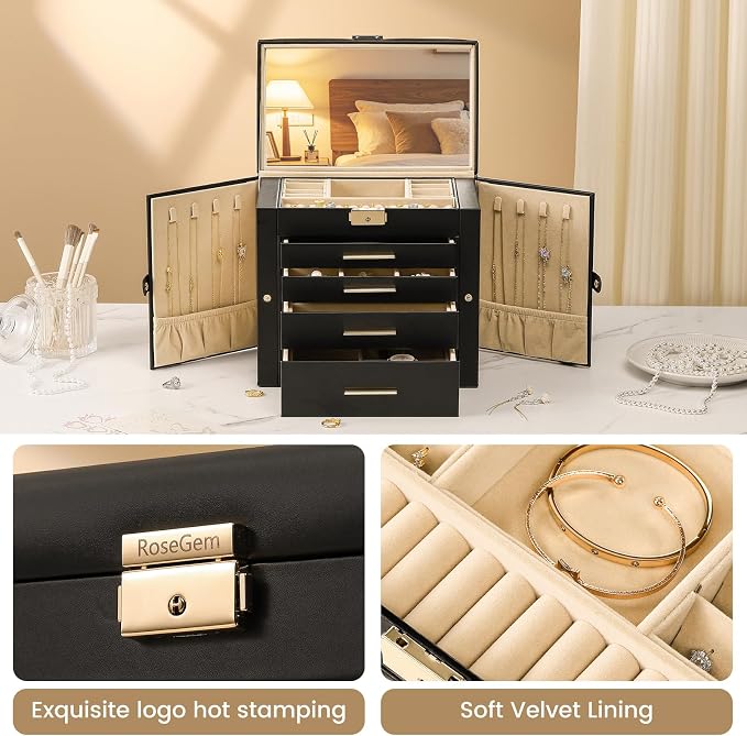 Synthetic Leather Huge Jewelry Box Mirrored Watch Organizer Necklace Ring Earring Storage Lockable Gift Case (Black)