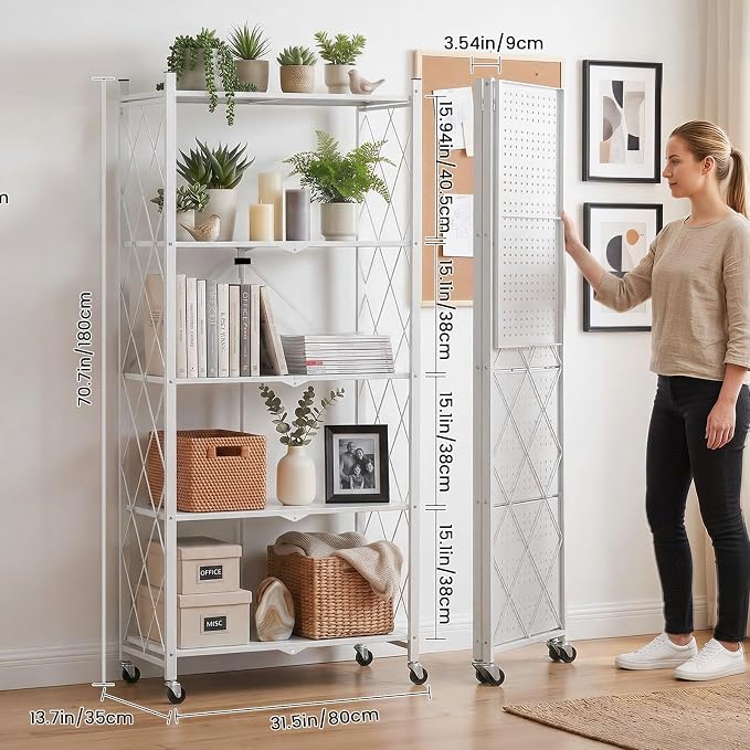 DEANIC 70.7" Tall Extra Large 5-Tier Folding Storage Shelf with Wheels, No Assembly Collapsible Metal Rack with Leveling Feet for Garage, Pantry, Basement, Vendor Display, Kitchen(White,2 Pack)