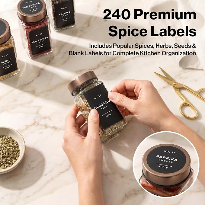 EDELHAUS Glass Spice Jars with Label, 24x Champagne Bronze Steel Lids | Airtight Lids keep spices fresh, Kitchen Spice Drawer Organizer, 4oz Seasoning Containers incl. Funnel, Brush & 240 Labels