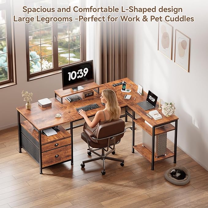 Furologee L Shaped Computer Desk with Power Outlet, Reversible Home Office Desk for Work Study, 50 Inch Corner Gaming Table with File Drawer, Monitor Stand, Storage Shelves, Rustic Brown
