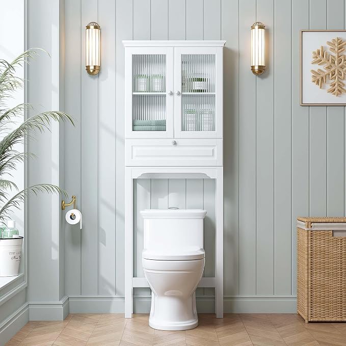 Spirich Over the Toilet Storage Cabinet with Moru Glass Doors, White | Tilt-Out Storage, Adjustable Shelf & Bottom Crossbar, Anti-Tip Bracket, 33-Inch Clearance, Space-Saving Bathroom Organizer