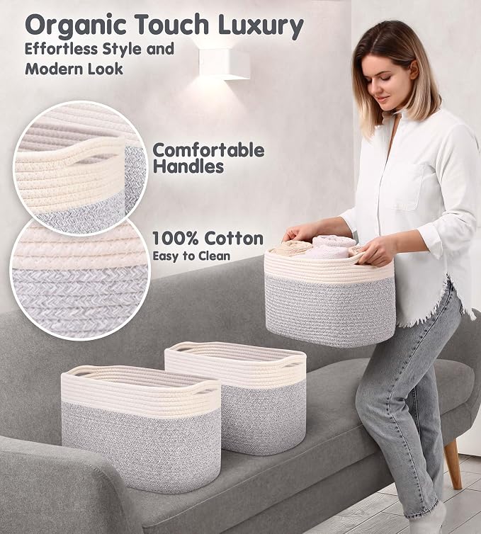 CHAT BLANC Cotton Rope Baskets for Organizing | Storage Baskets for Shelves | Rope Basket for Storage, Small Laundry Baskets, Woven Baskets for Storage, Dog Toy Bin, Baby Basket,Off White &Gray 3 Pack