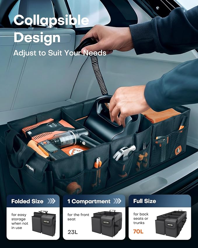 HOTOR Trunk Organizer for Car - Car Organizer, Foldable Trunk organizer for SUVs & Sedans, Sturdy Organization for Car Accessories, Tools, Sundries, Black, 3 Compartments, 31.9"×12.6"×10.6"