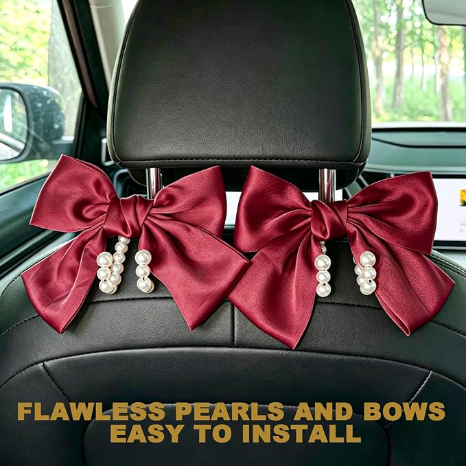 2 PCS Bow Pearl Car Seat Headrest Hook, Auto Rear Seat Hanging Organizer Elegant Pearl Decoration, Cute Bow Vehicle Interior Seatback Storage Hooks for Handbags Purses Groceries (Red)