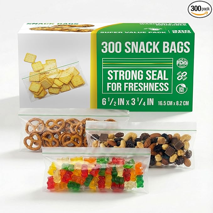 Snack Bags – 300 Count Resealable Extra Strong 2 Mil Leak Proof, Zipper Snack Baggies, Plastic Snack Bags for Food Storage, 6 1/2" x 3 1/4"