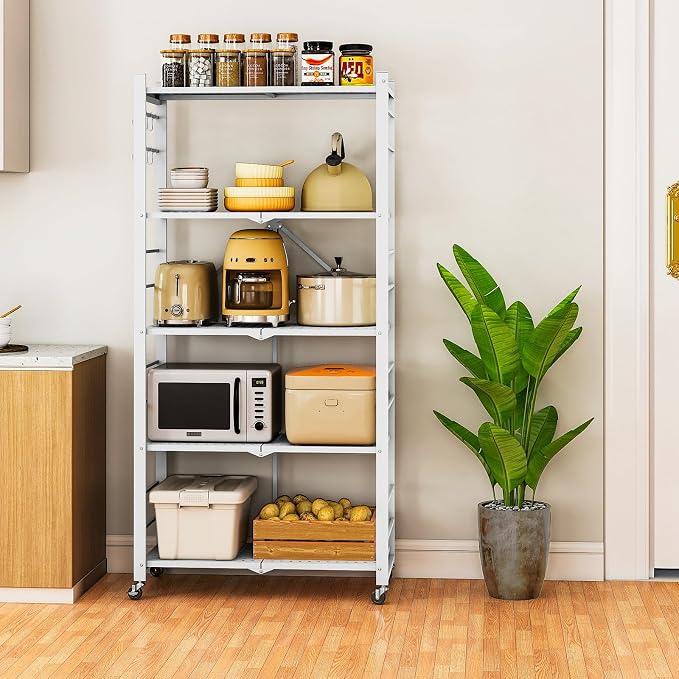 Fenbeli 5 Tier Folding Storage Shelf with Wheels – Heavy Duty Metal Organizer Rack, No Assembly Collapsible Utility Shelving Unit for Garage, Kitchen, Pantry, Basement, Office (White-A, 5 Tier)