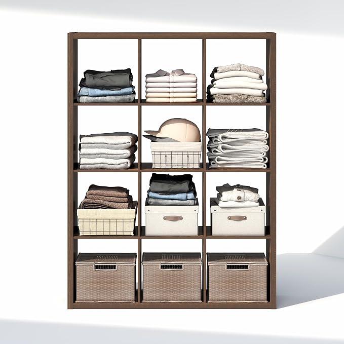 Furinno Cubic Extra Thick 12-Cube Closet Organizers and Storage, Amber Pine | 14.6 x 44 x 58 in, Open Shelf Closet Storage, Closet Organizer, for Wardrobe, Bedroom, Living Room
