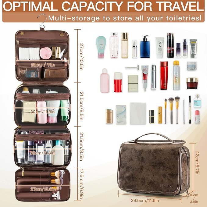 Elviros Hanging Toiletry Bag Removable Travel Bag PU leather Makeup Cosmetic Organizer Kit, Coffee | Removable Travel Organizer Bag for Cosmetics, Toiletries, Makeup Tools, and Daily Essentials with Easy Carry Design