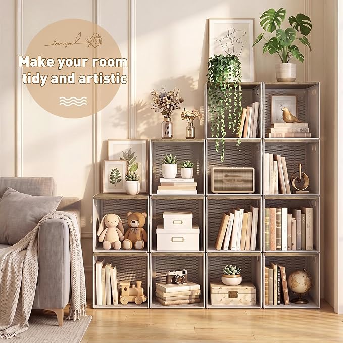AceOrbit 3 Pcs Widened Stackable Closet Organizers and Storage with Wood Foldable Top Metal Cube Closet Shelf DIY Space Saving Linen Clothes Shoe Bed Sheet Bin for Wardrobe Bedroom(12"x12"x12", Light)