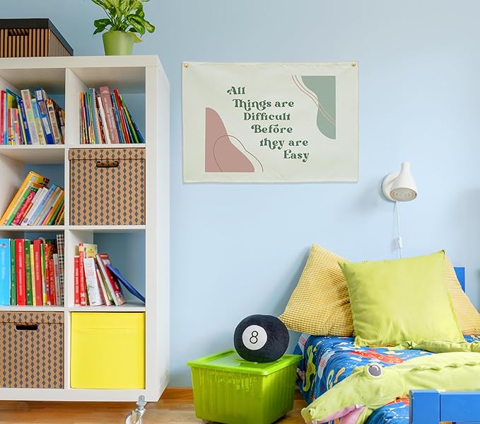 Classroom Wall Flag Decor-Teacher Gift-Inspirational Back to School Wall Banner Decor-All Things Are Difficult Before They Are Easy-Hanging Rectangular Canvas Banner for Classroom Teacher Office