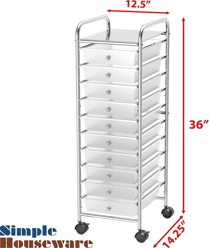 Simple Houseware 10 Drawers Rolling Utility Cart Organizer, Chrome | 1-Column, 36" Height, Lockable Wheels, for School, Office, Art Craft, and Paper Storage